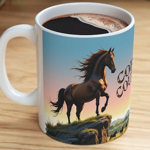 Stallion Horse Ceramic Mug, Coffee Cup Gift for Horse Lovers, Animal Lover Mug, Equestrian Gift, Cliff Scene Mug, Horse Art Mug
