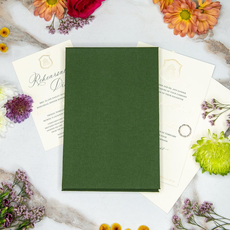 Linen Invitation Box – Pine | Custom Size and Corner Pockets | Foil ...