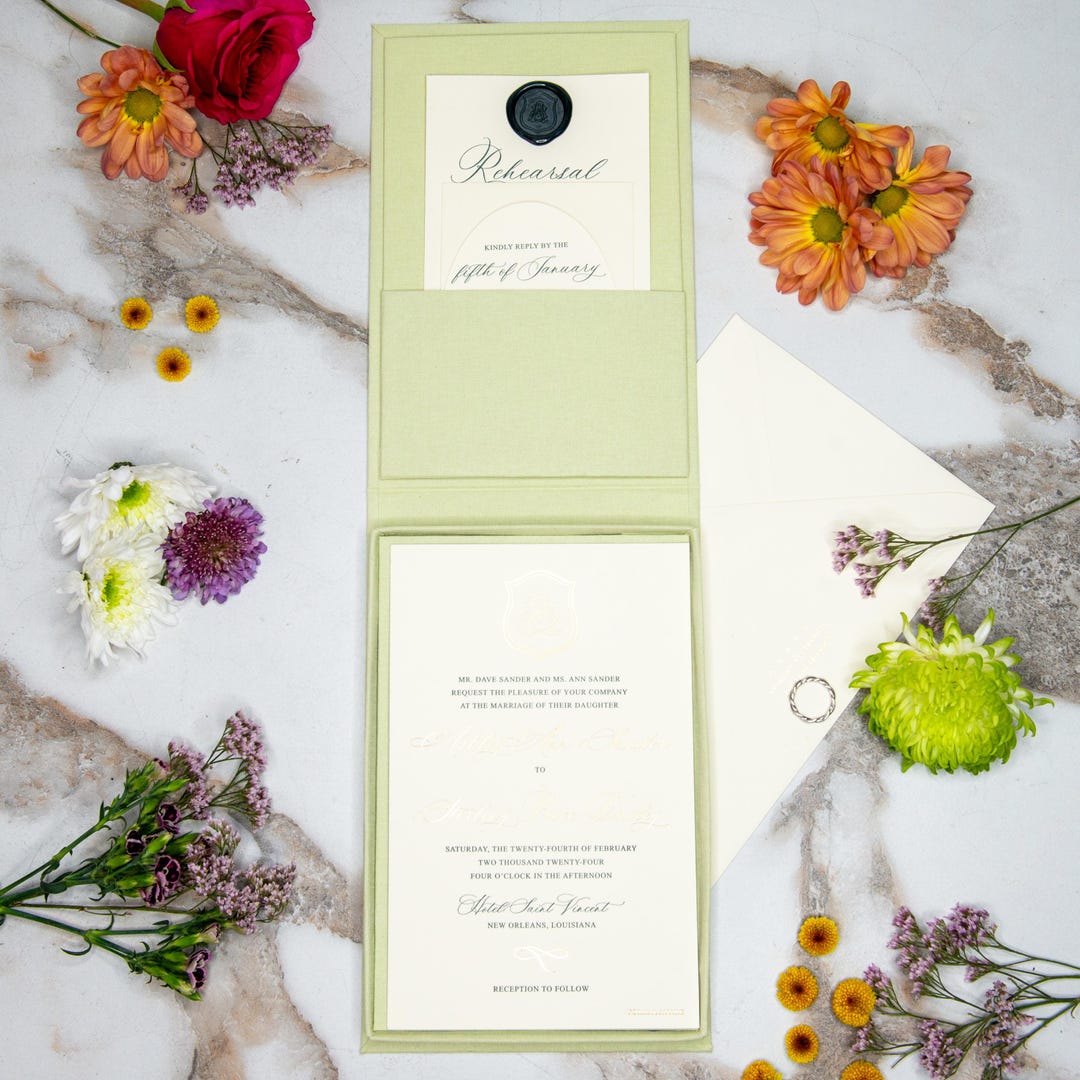 Linen Invitation Box - Mint | Custom Size and Corner Pockets | Foil ...