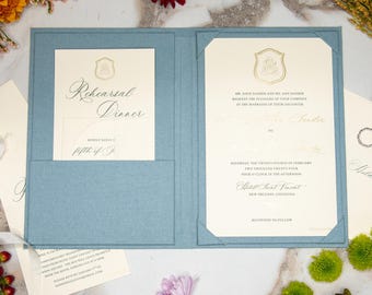 Folio de invitación de lino - Niebla / Tamaño personalizado y bolsillos en las esquinas / Impresión en lámina con logotipo o texto