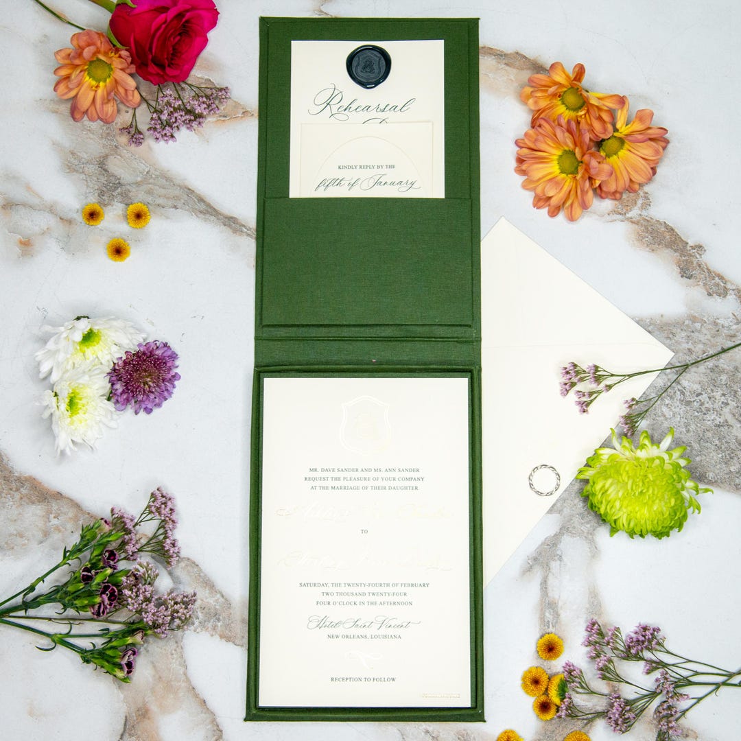 Linen Invitation Box – Pine | Custom Size and Corner Pockets | Foil ...