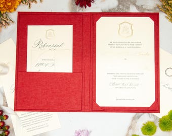 Linen Invitation Folio - Brick | Custom Size and Corner Pockets | Foil Imprinting with Logo or Text