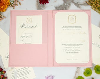Folio de invitación de lino – Algodón de azúcar / Tamaño personalizado y bolsillos en las esquinas / Impresión en lámina con logotipo o texto