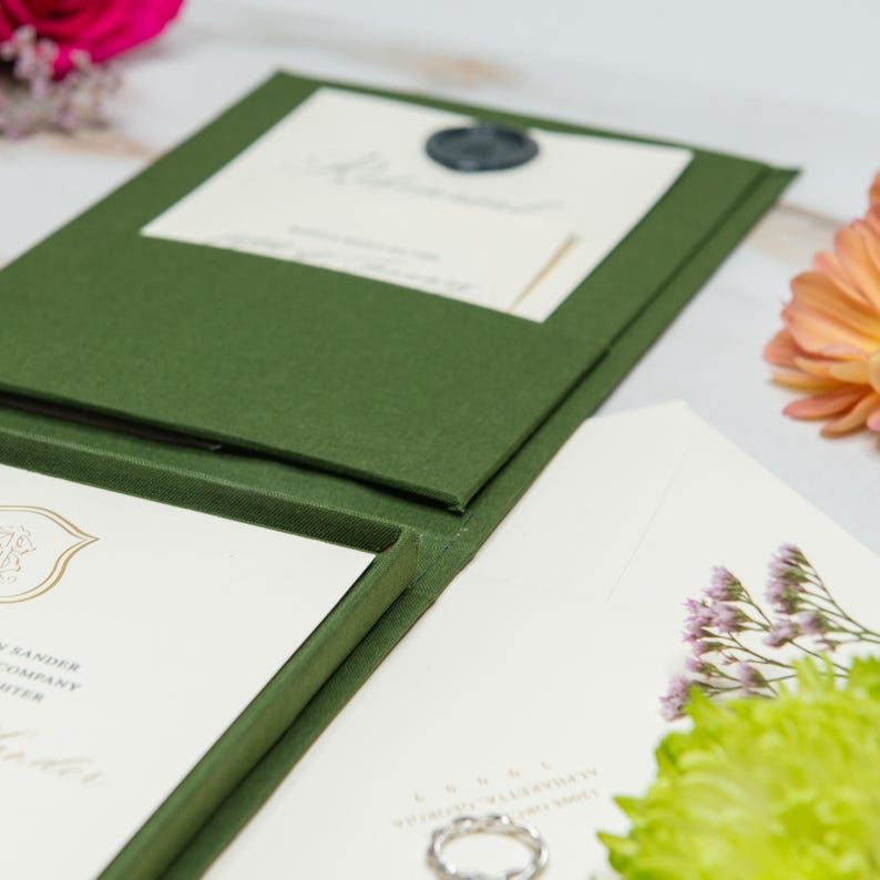 Linen Invitation Box – Pine | Custom Size and Corner Pockets | Foil ...