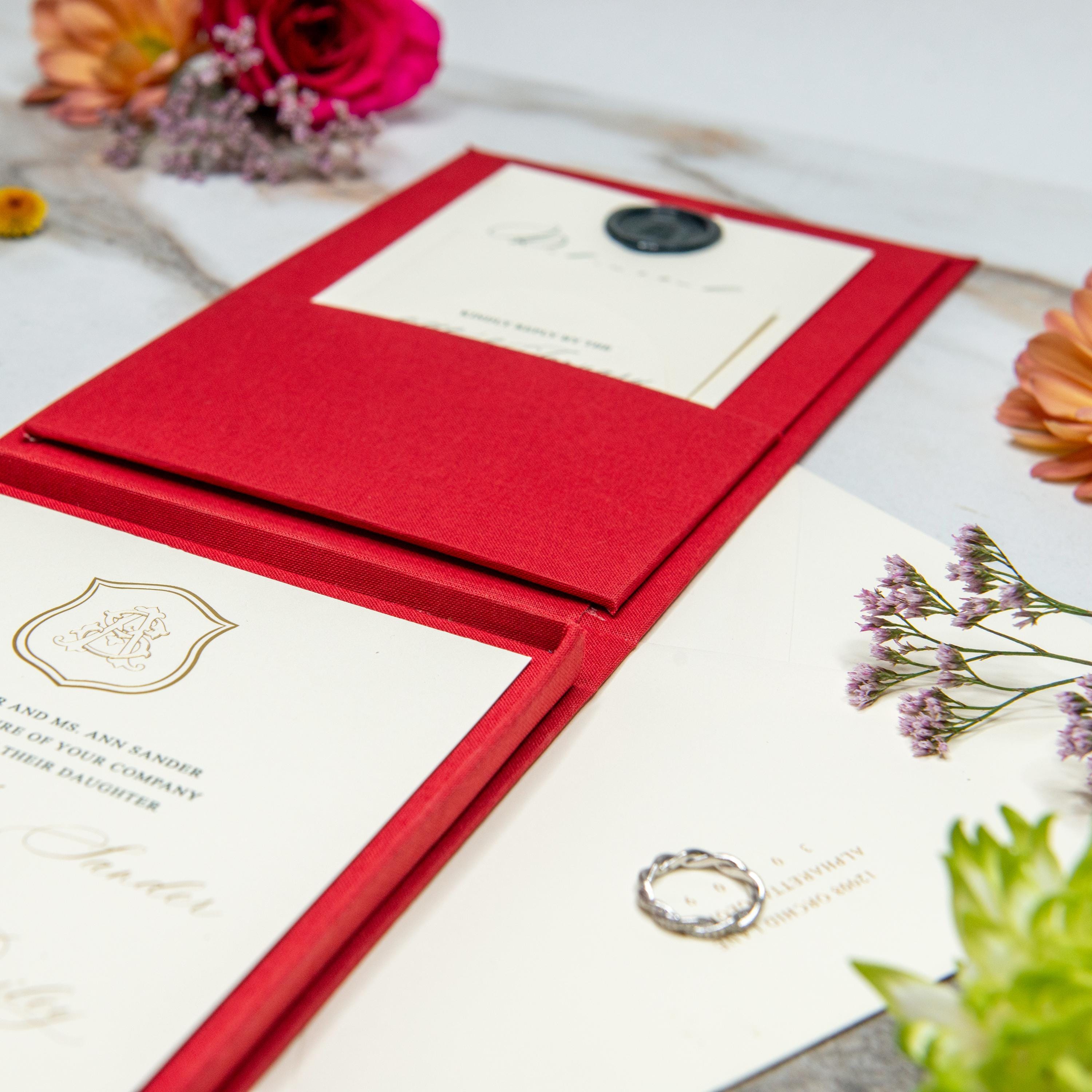 Linen Invitation Box - Brick | Custom Size and Corner Pockets | Foil ...