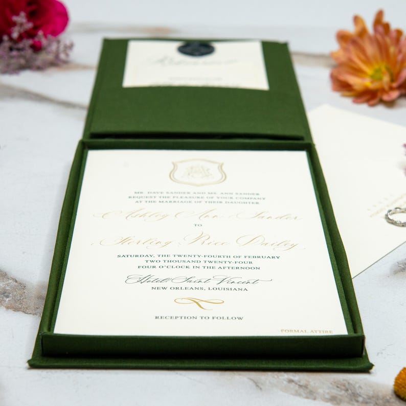 Linen Invitation Box – Pine | Custom Size and Corner Pockets | Foil ...
