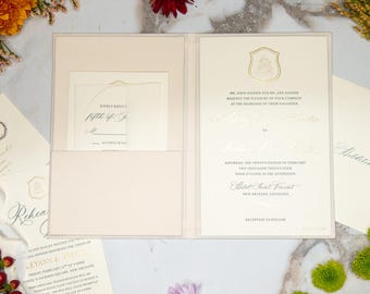 Folio de invitación de lino - Marfil / Tamaño personalizado y bolsillos en las esquinas / Impresión en lámina con logotipo o texto