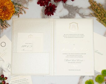 Linen Invitation Folio - Metallic | Custom Size and Corner Pockets | Foil Imprinting with Logo or Text