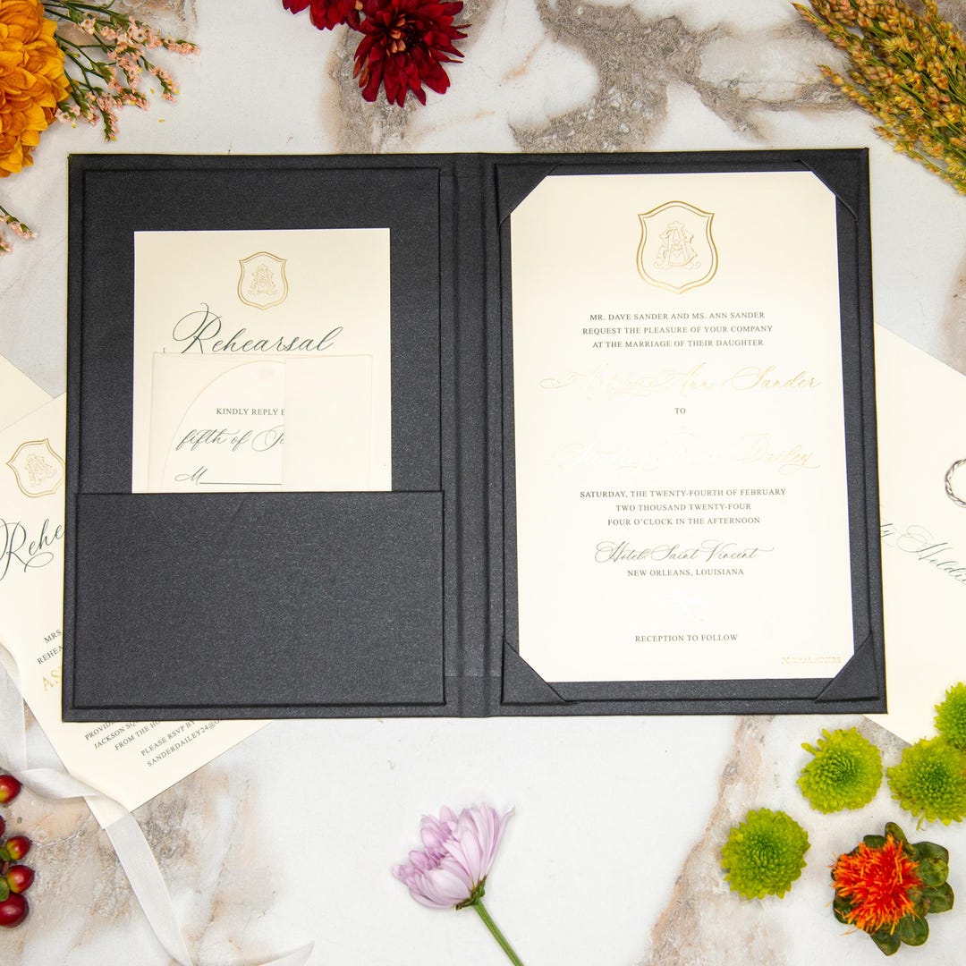 Linen Invitation Folio - Coal | Custom Size and Corner Pockets | Foil ...