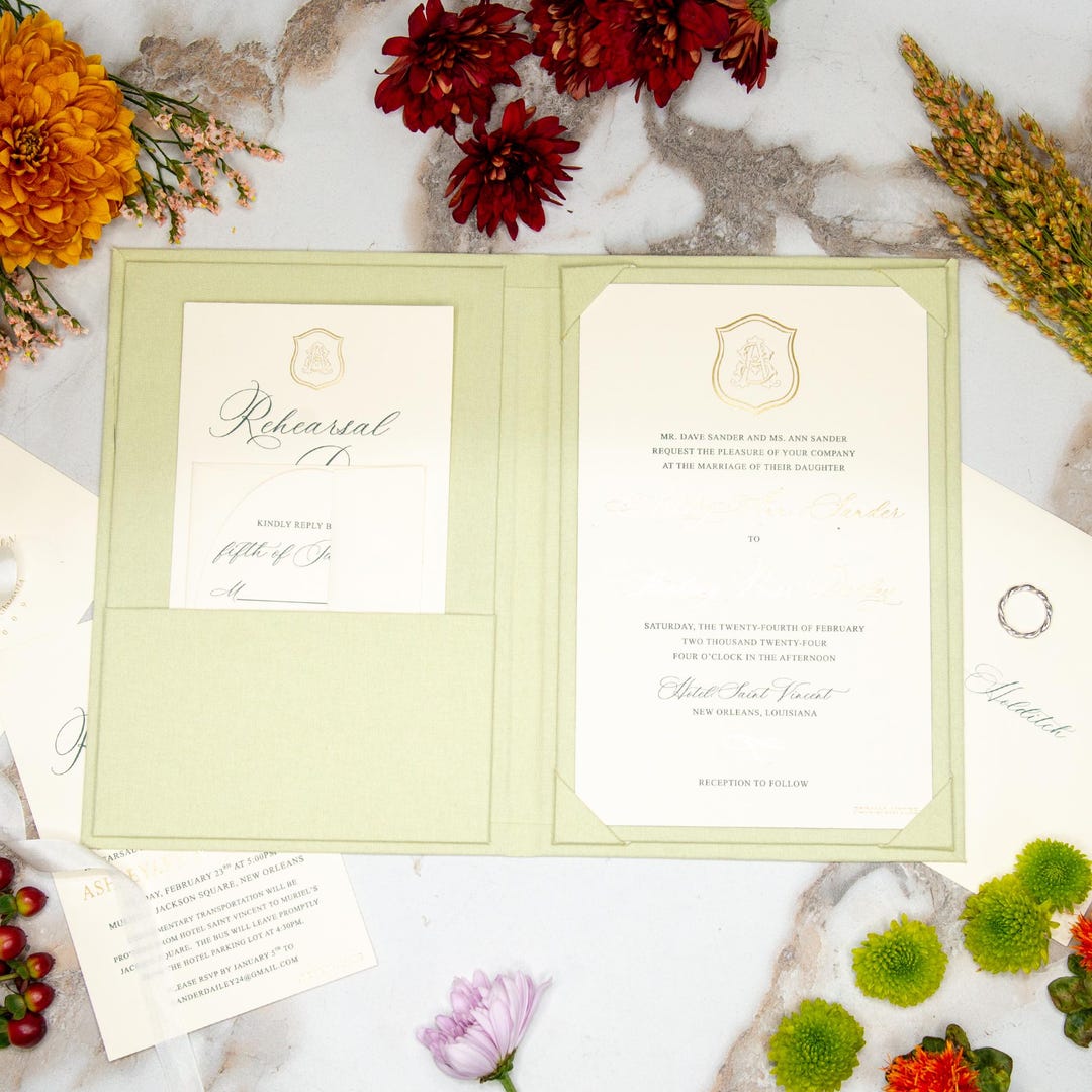 Linen Invitation Folio - Mint | Custom Size and Corner Pockets | Foil ...