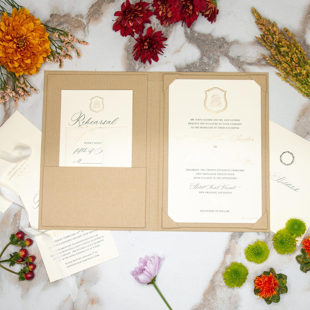 Linen Invitation Folio - Tan | Custom Size and Corner Pockets | Foil ...