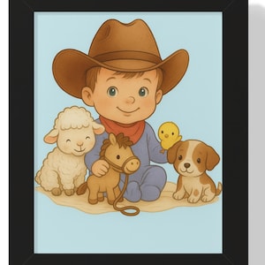 Baby Cowboy with animal friends Western Nursery Wall Art