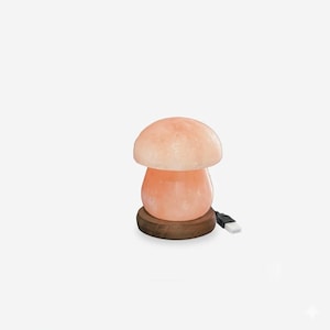 May include: A mushroom-shaped Himalayan salt lamp in pink and peach hues. The lamp is set on a round, dark wooden base and has a USB cable. The design of the lamp is intended to look like a mushroom.