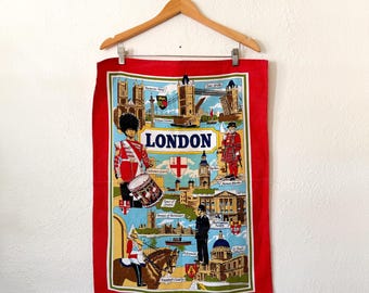 Vintage 1970s London Iconic Landmarks Souvenir 100% Irish Linen Tea Towel