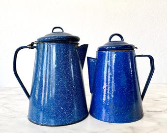 Vintage Cobalt Blue White Enamel Graniteware Camp Coffee Pot Percolator Bundle