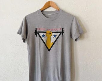 Vintage 1970s Free Weight Weightlifting Grey Graphic T-Shirt, sz Small