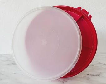 Vintage Tupperware 12" Red 6-Space Round Divided Serving Tray with Lid