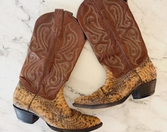 Vintage Tony Lama Womens Brown & Tan Leather Snakeskin Western Boots, sz 6