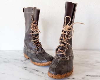 Vintage L.L. Bean Unisex Tall 12" Brown Leather Duck Boots "Maine Hunting Shoes", sz M6/W8