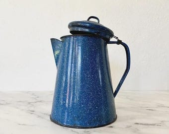 Vintage Large Cobalt Blue White Enamel Graniteware Camp Coffee Pot Percolator