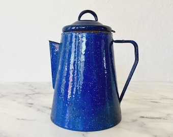 Vintage Medium Cobalt Blue White Enamel Graniteware Camp Coffee Pot Percolator