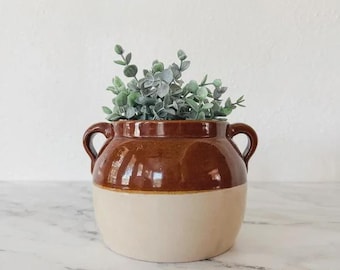 Vintage Brown & Tan Pottery Stoneware Bean Pot/Crock with Two Handles