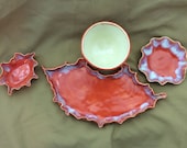 Red-orange Serving set, plate, spoon rest, sauce and rice bowl, wedding gift, tapas dishes, dish washer/ microwave safe, hand made original.