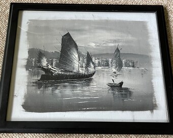 Vintage 70s Nautical Seascape Landscape Oil Painting Modern Art Signed Dillion 3