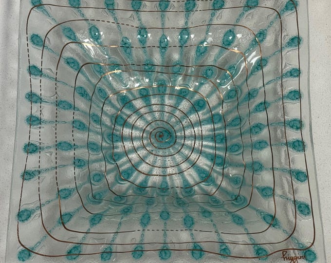 Vintage MCM Higgins Square Glass Bowl Dish Mid Century Modern Spirals Burst 60s Decorative