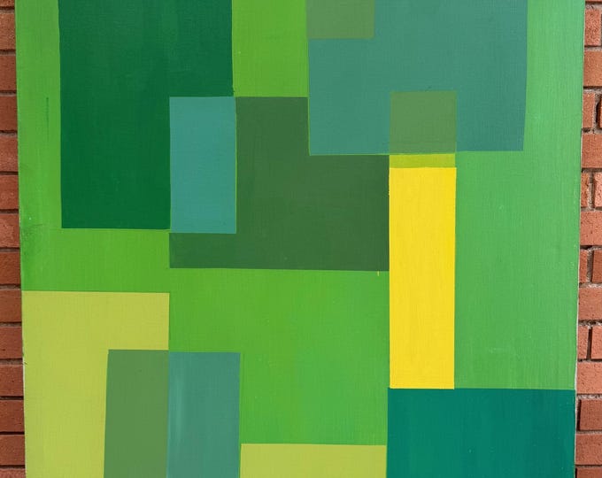 Vintage MCM Green Yellow Color Block Acrylic Painting Mid Century Modern Art 60s