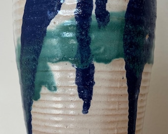Handmade Vintage Ribbed Blue White Ceramic Studio Pottery Vase Modern 70s 80s