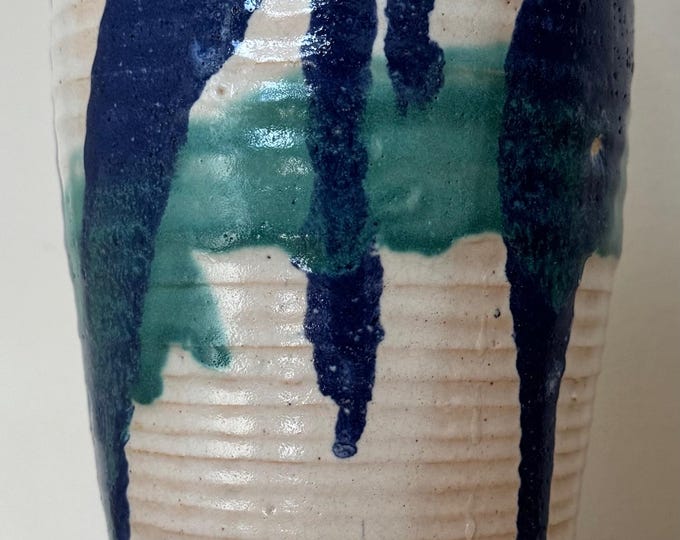 Handmade Vintage Ribbed Blue White Ceramic Studio Pottery Vase Modern 70s 80s