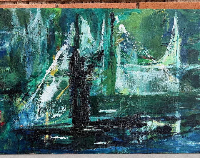 Vintage MCM Abstract Nautical Boats Oil Painting Mid Century Modern Art 1960s