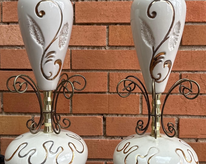 Pair Vintage MCM Ceramic Brass Modern Atomic Era Lamps Mid Century Lighting 50s
