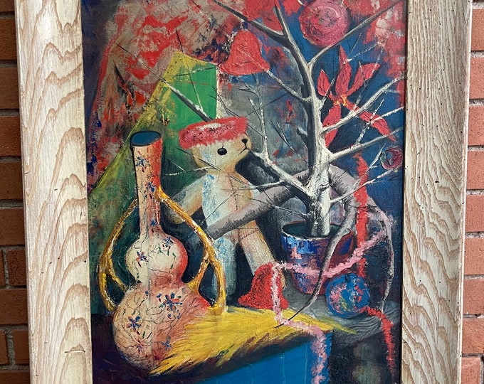 Colorful Vintage Still Life Oil Painting Mid Century Modern Art Wall Hanging Signed Andrus