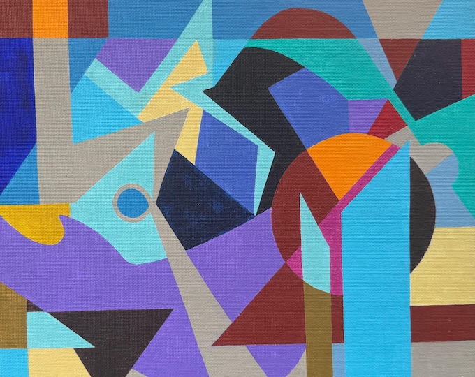 Vintage Abstract Geometric Shapes Canvas Board Painting Multi-Color Modern Art Wall Hanging Timothy Long 70s (14)