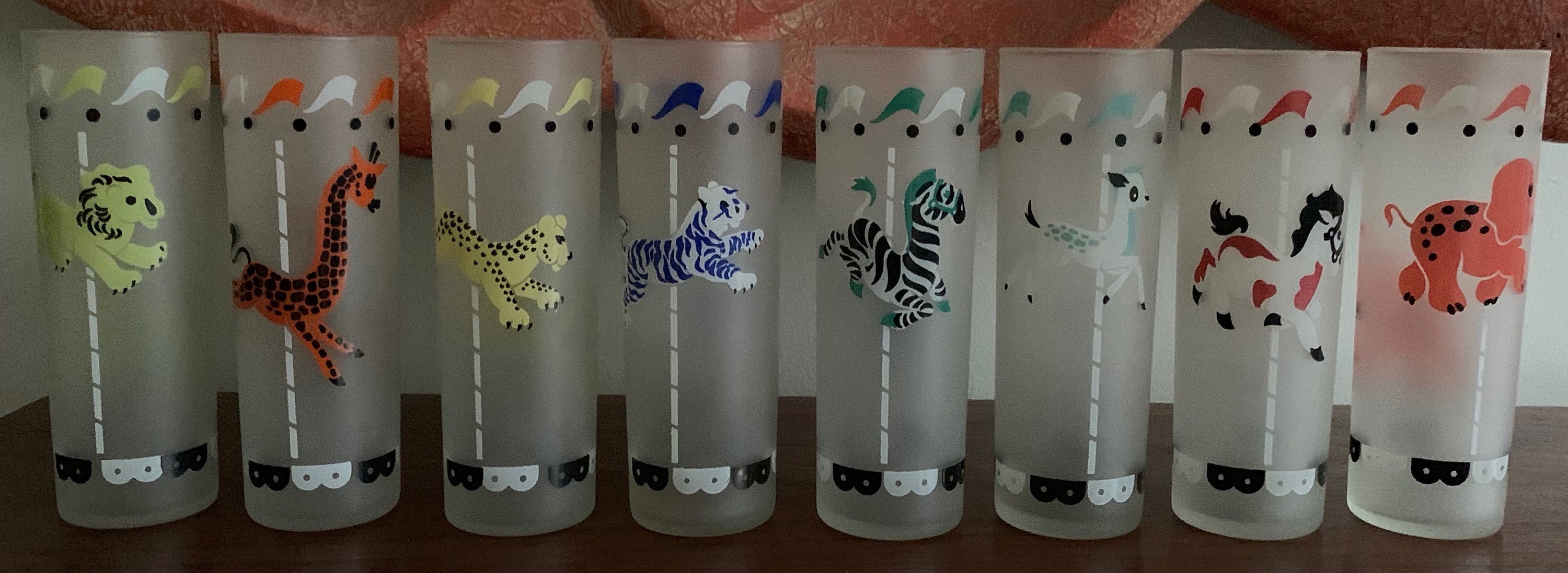 Fun Set 8 Vintage Frosted Carousel Merry Go Round Animals Glasses Mid