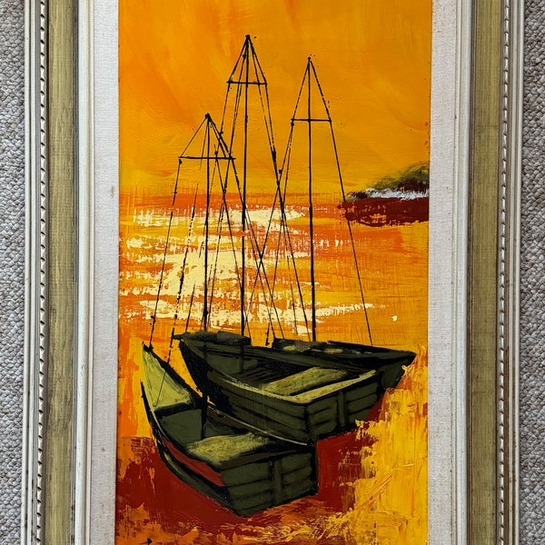 Vintage 70s Nautical Boats Oil Painting Vanguard Modern Art Wall Hanging Vivian