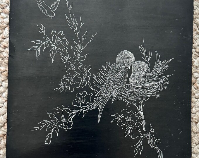 Vintage 60s Nesting Birds Scratch Board Illustration Black White Modern Signed