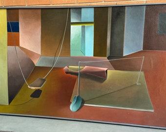Amazing Vintage Surrealist Painting Modern Art Wall Hanging Mid Century MCM Signed Horsley Nunley X-Large