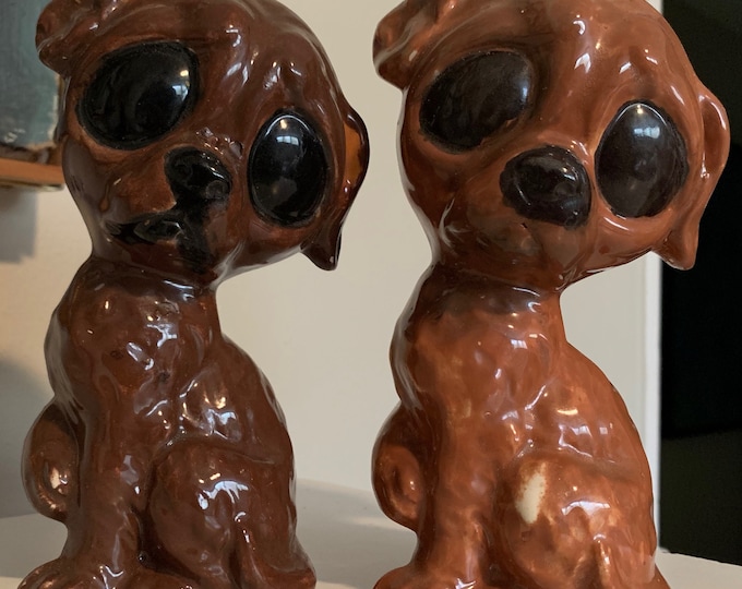 Pair Vintage 1960s Sad Big Eye Dog Puppy Ceramic Mid Century Kitsch Figurines