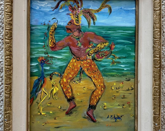 Colorful Vintage Nature Boy Painting Tropical Dance Modern Art Wall Hanging Signed Egan