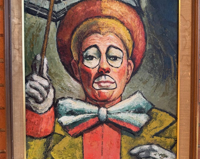 Vintage 1960s Clown Umbrella Oil Painting Modern Art Wall Hanging Signed Maxson