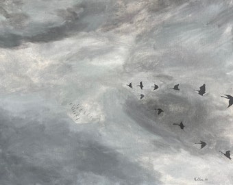 Vintage 80s Gray Black Birds Clouds Oil Painting Modern Art Wall Hanging Kistler