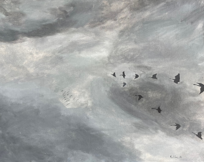 Vintage 80s Gray Black Birds Clouds Oil Painting Modern Art Wall Hanging Kistler