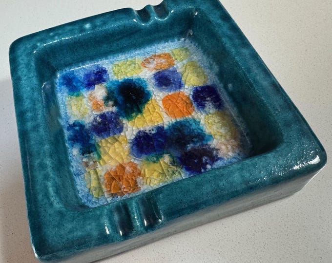 Vintage MCM Ceramic Pottery Crackle Glass Ashtray Mid Century Mod Baldelli Italy 60s