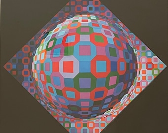 Colorful Vintage 70s Victor Vasarely Op Art Print Mid Century Modern Wall Hanging Planetary