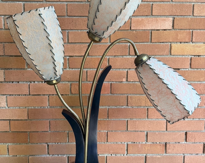 MCM Vintage 1950s Wood Brass Lamp Fiberglass Shades Majestic Guggenheim Lighting