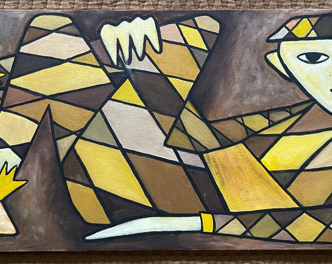 Vintage 1950s Abstract Cubist Jester Oil Painting Mid Century Modern Wall Art Signed Saphian