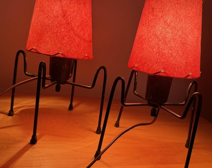 Vintage MCM Black Metal Lamps Pink Fiberglass Shades Mid Century Modern Lighting Atomic Era 50s